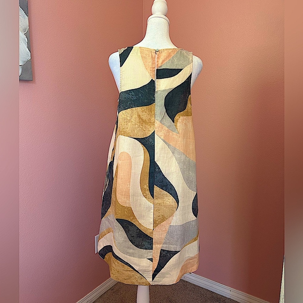 Rachel Zoe 100% linen abstract earth tones boho shift dress pockets NWOT Small - Picture 2 of 10